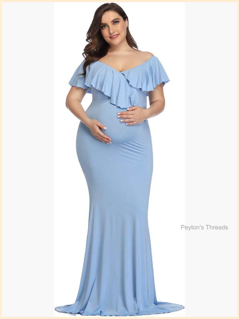 Maternity Maxi Dress Ruffles Off Shoulder Long Sleeve Stretchy Photoshoot Gown